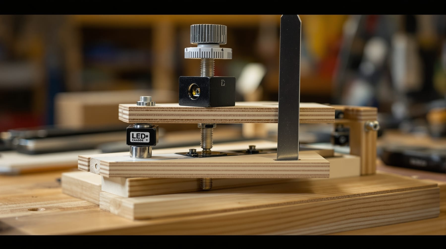 A home-built wooden Foucault tester with sliding stages, a graduated screw and a blade